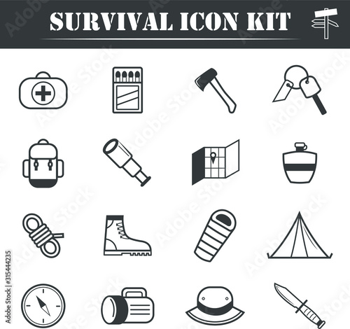 Survival, hiking, camping, bushcraft line icon set. Outdoor equipment icon kit.