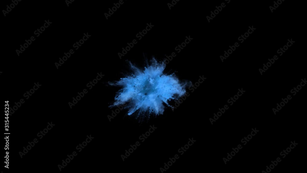 Colored blue powder explosion, abstract close up dust isolated on black background in slow motion Colored blue powder explosion, abstract close up dust isolated on black background in slow motion