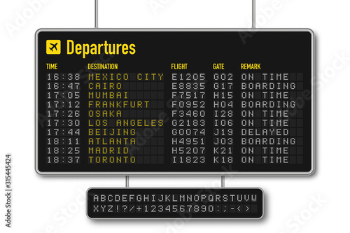 Departure and arrival board, airline scoreboard with digital led letters. Flight information display system in airport. Airport style alphabet with numbers photo