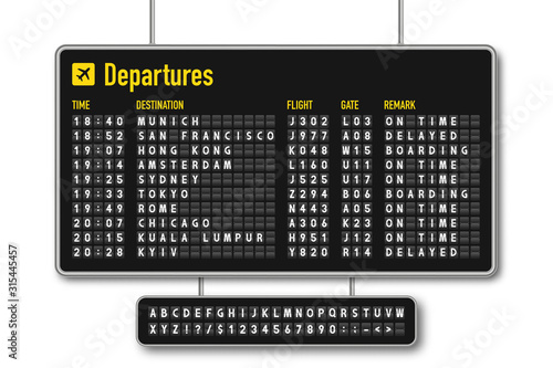 Departure and arrival board, airline scoreboard, mechanical split flap display. Flight information display system in airport. Airport style alphabet with numbers