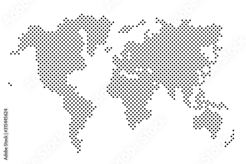 World map stylized with dots on white background. Dotted world map with continents, North and South America, Europe and Asia, Africa and Australia