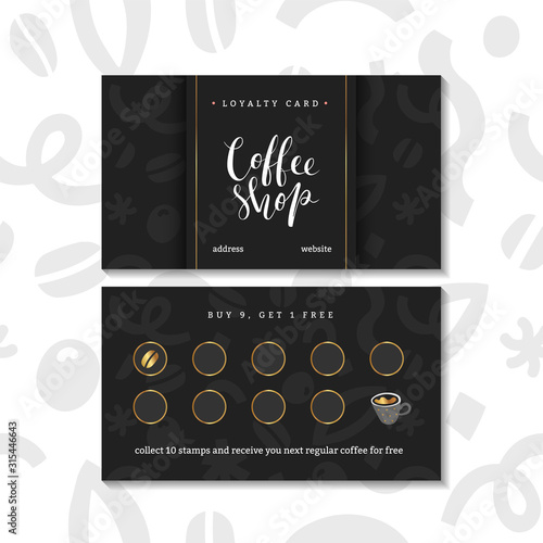 Coffee card, loyalty program for coffee shop or cafe. Pre-made layout, special offer for customers to collect stamps, buy 9 get one free. Modern simple design with doodle illustrations and lettering.