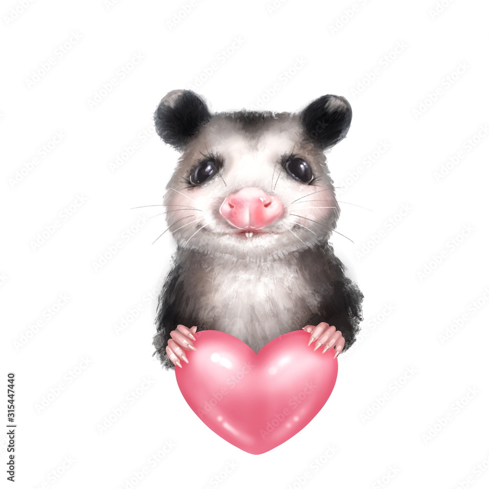 Portrait of Opossum with heart. Isolated on white Portrait of Opossum with heart. Isolated on white