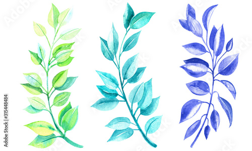 Clip art set with spring leaves. Isolated elements on a white background. Stock illustration. Hand painted in watercolor.