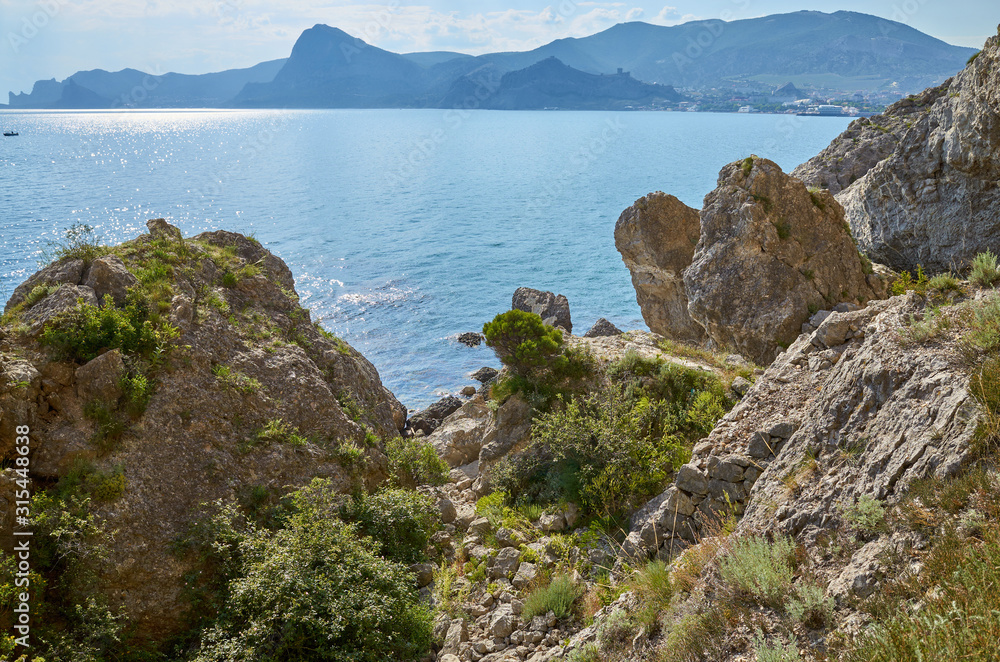 The rocky coast of the Black Sea. Cape Alchak in Sudak, Crimea
