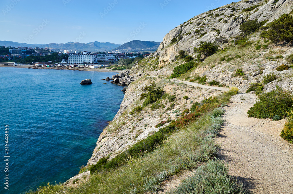 The rocky coast of the Black Sea. Cape Alchak in Sudak, Crimea