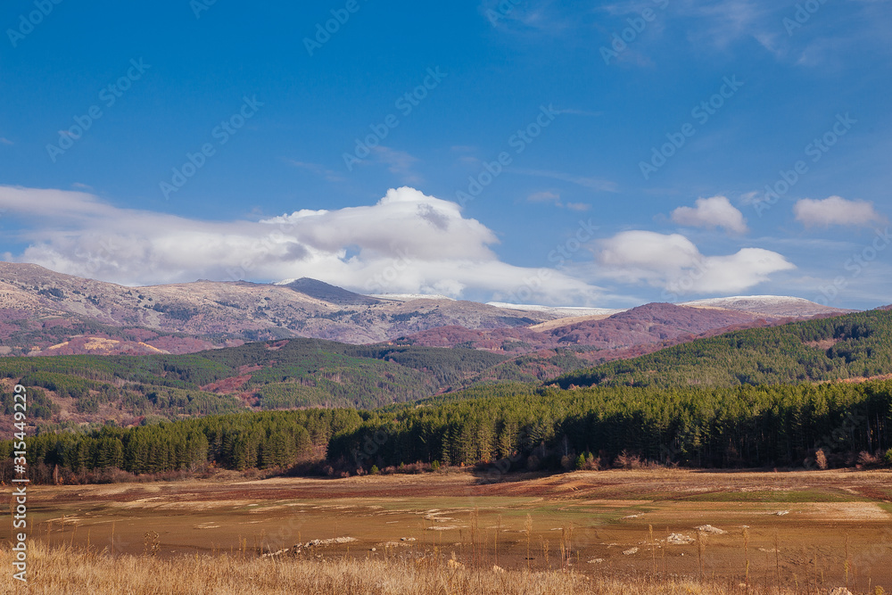 The bottom of the empty Studena dam near Pernik, Bulgaria. Hot weather and climate changes makes the dam almost empty. November 2019. Climate disaster.