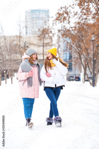 Full-length portrait of two young girls walking in a winter park