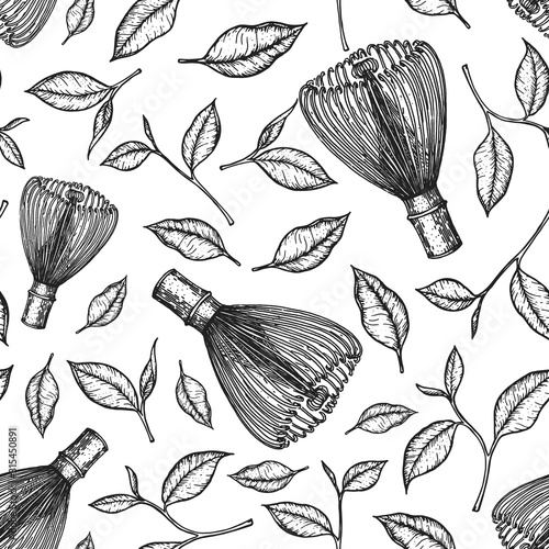 Matcha Tea seamless pattern. Hand drawn tea leaf and chasen vector illustration. Vintage packaging design. Engraved style.