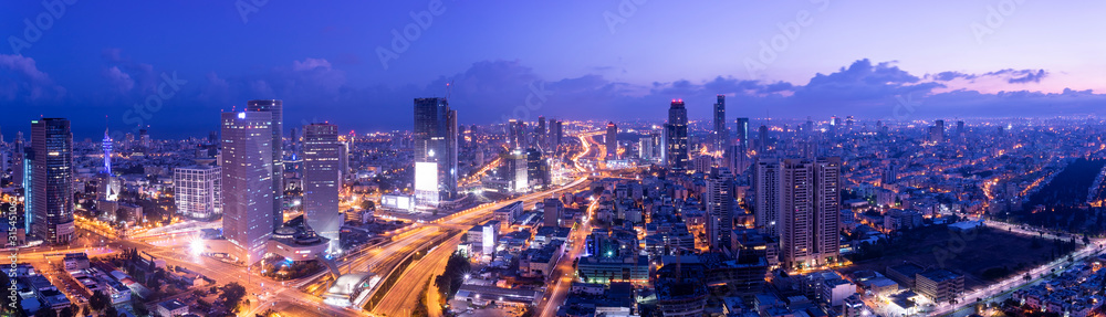 Aerial View Of Tel Aviv Skyline At Dusk,  Tel Aviv Cityscape Panorama At Sunrise, Israel
