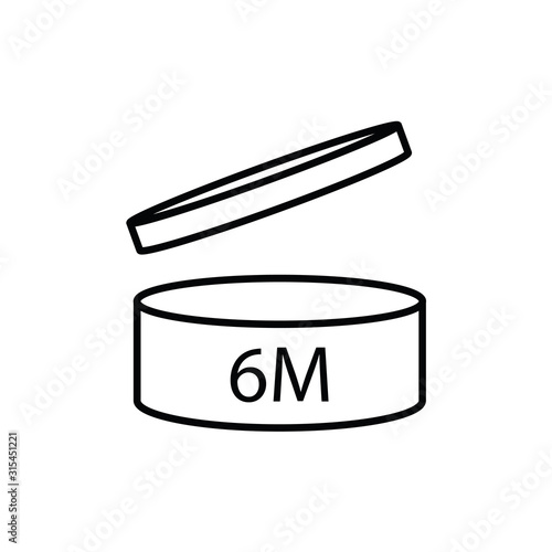 Period after opening PAO symbol 6M icon.The useful lifetime of cosmetics after the package is opened symbol. Best before date icon. Number of months. 