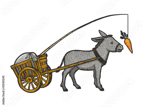 Donkey chasing carrot that is tied to him and drags cart with load sketch engraving vector illustration. T-shirt apparel print design. Scratch board style imitation. Black and white hand drawn image.