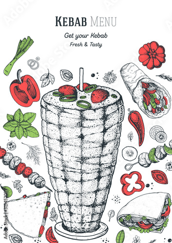 Doner kebab and ingredients for kebab, sketch illustration. Arabic cuisine frame. Fast food menu design elements. Shawarma hand drawn frame. Middle eastern food.