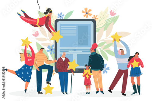 Leaving feedback, know your client, customer review rating concept. People holding stars in hands rate app, or service in tablet or smartphone. Сustomer focus, happy customers flat design.