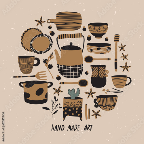 Hand made pottery illustration for home and restaurant. Ceramics or pottery lessons banner to promote your studio. Authentic kitchen cookware and utencils. Isolated porcelain, crockery, earthenware.