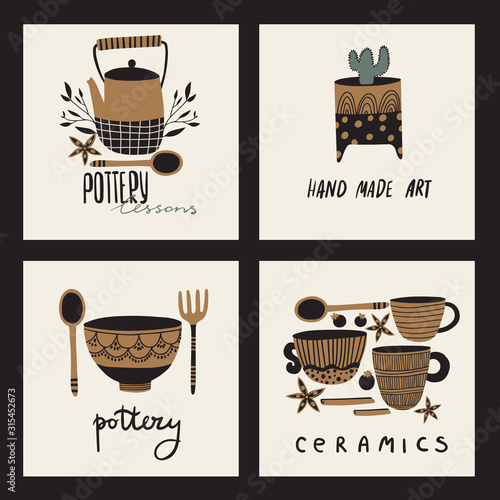Hand made pottery illustration for home and restaurant. Ceramics or pottery lessons banner to promote your studio. Authentic kitchen cookware and utencils. Isolated porcelain, crockery, earthenware.