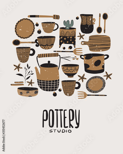 Hand made pottery vector illustration for home and restaurant. Ceramics or pottery lessons banner to promote your studio. Authentic kitchen cookware and utencils. Isolated porcelain, earthenware.