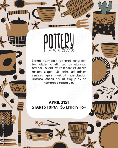 Hand made pottery vector illustration for home and restaurant. Ceramics or pottery lessons banner to promote your studio. Authentic kitchen cookware and utencils. Porcelain, crockery, earthenware.