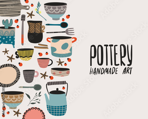 Hand made pottery illustration for home and restaurant. Ceramics or pottery lessons banner to promote your studio. Authentic kitchen cookware and utencils. Isolated porcelain, crockery, earthenware.