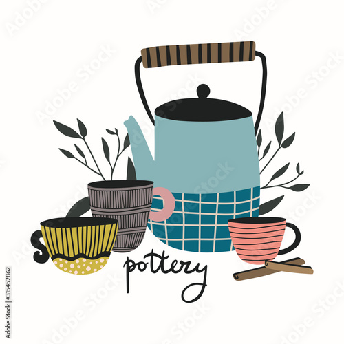Hand made pottery vector illustration for home and restaurant. Tea time concept. Ceramics or pottery lessons banner to promote your studio. Authentic kitchen cookware and utencils.