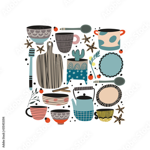 Hand made pottery vector illustration for home and restaurant. Ceramics or pottery lessons banner to promote studio. Authentic kitchen cookware and utencils. Isolated porcelain, crockery, earthenware.