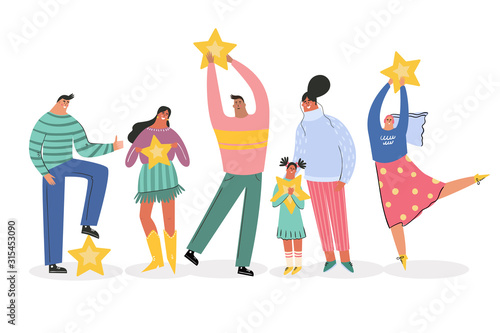 Leaving feedback, customer review rating concept. People holding stars in hands rate app, film, service. Know your client clients of different ages, tastes. Сustomer focus, happy customers flat design