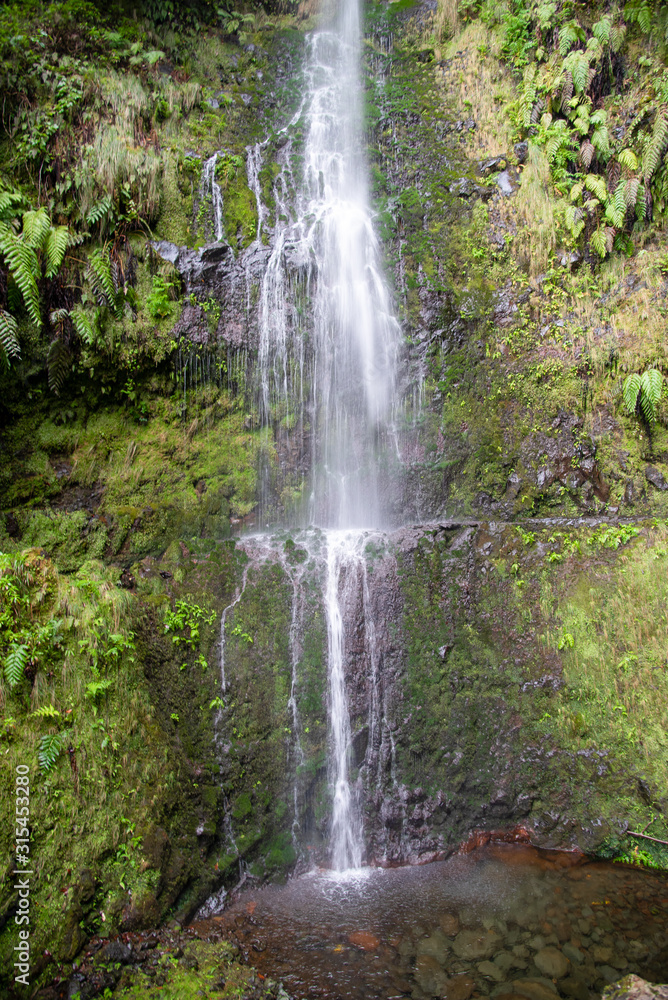 Obraz premium Caldeirao Verde waterfall at the end of the hiking trail on the Levada Caldeirao Verde near Santana on the island of Madeira, Portugal.