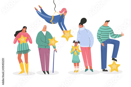 Leaving feedback, customer review rating concept. People holding stars in hands rate app, film, service. Know your client: clients of different ages, tastes. Сustomer focus, happy customers design
