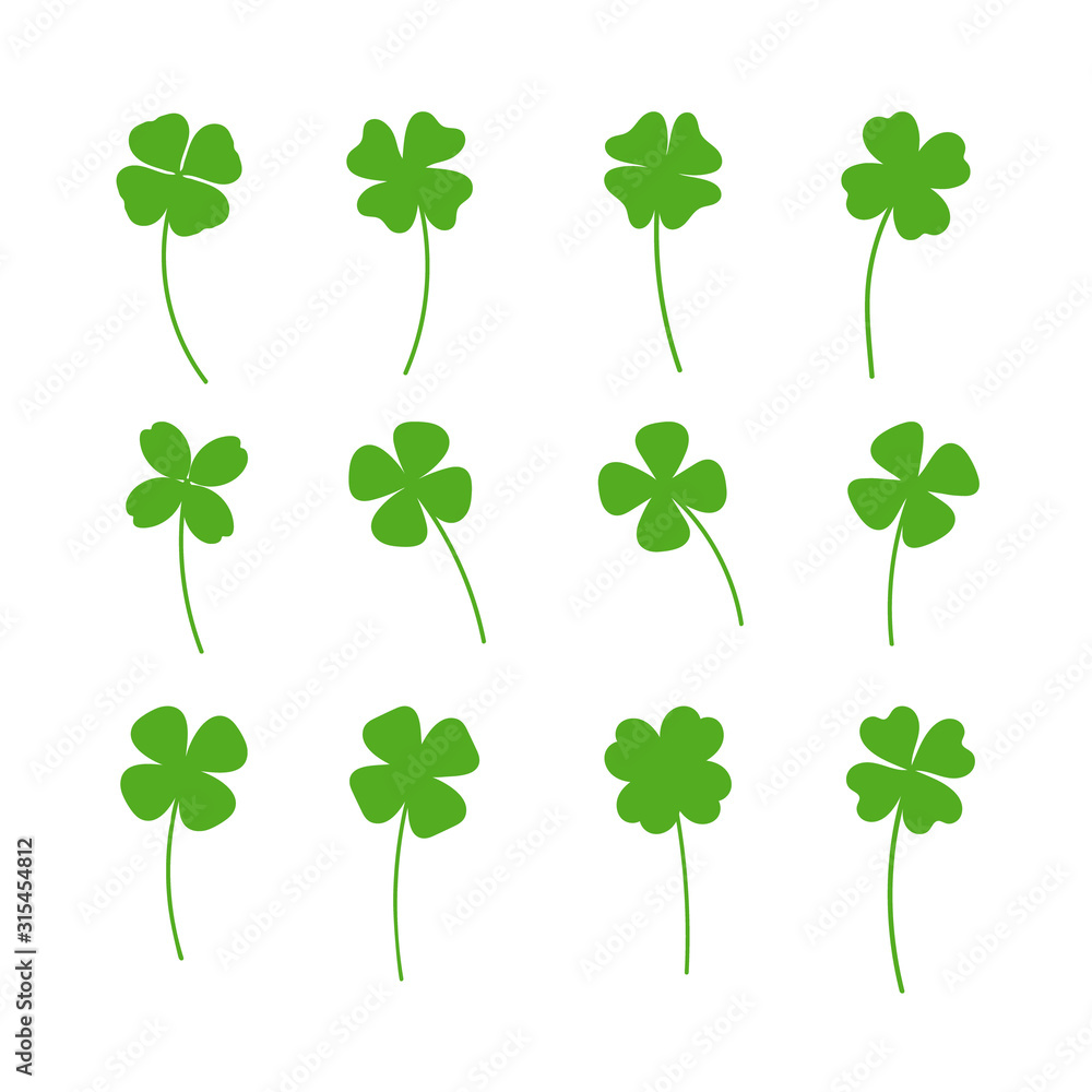 Clover leaf plant icon set. Symbol for St. Patricks Day and luck. Vector illustration isolated