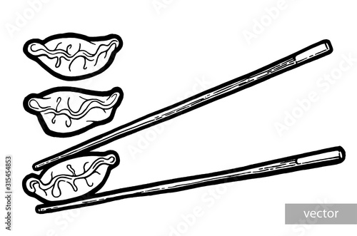 Dim sum. Black and white linear graphic. Vector. Asian food. Chinese cuisine. Hand drawn illustration. Menu for cafe, restaurant, street festival, farmers market, poster, banner, sticker.