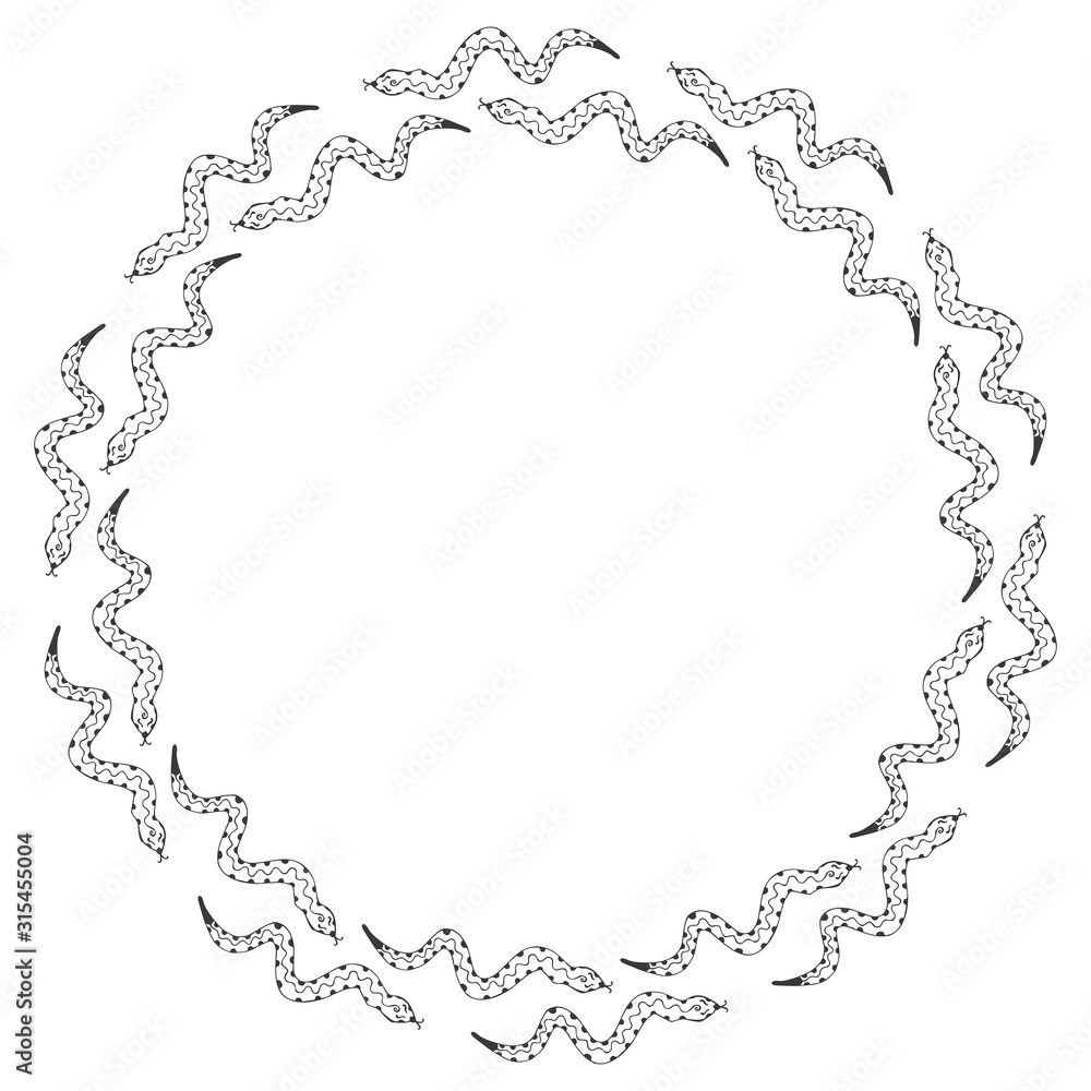 Round isolated black and white frame for text with hand-drawn snakes. Vector. Round isolated black and white frame for text with hand-drawn snakes. Vector.