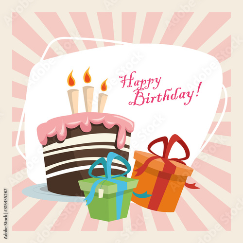 happy birthday celebration party sweet cake with candles and gift boxes