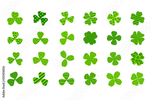 Clover leaf plant icon set. Symbol for St. Patricks Day and luck. Vector illustration isolated on white. Flat cartoon