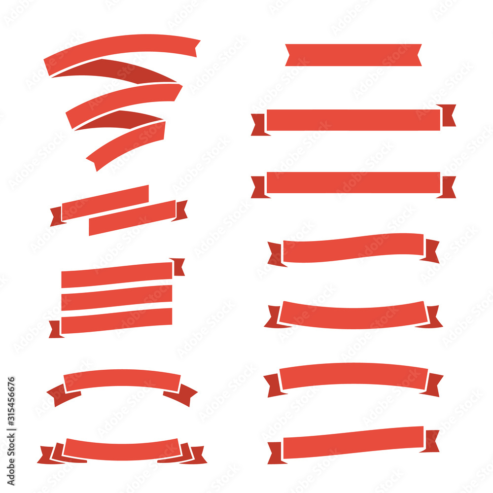 Red flat ribbon banners set. Design elements