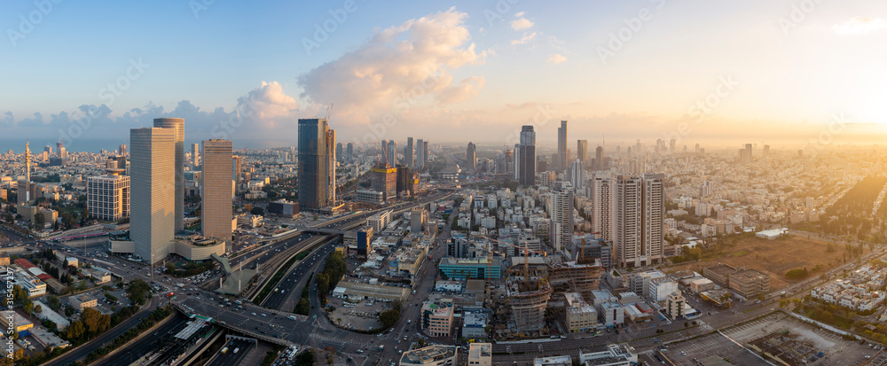 Tel Aviv Skyline At Sunrise,  Tel Aviv Cityscape Panorama At Sunrise, Israel