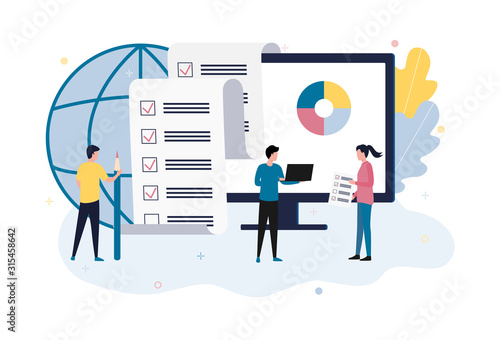 Online survey, testing. A company of young people fills out a questionnaire on a computer screen, selects options, answers questions. Flat vector illustration isolated on white background.
