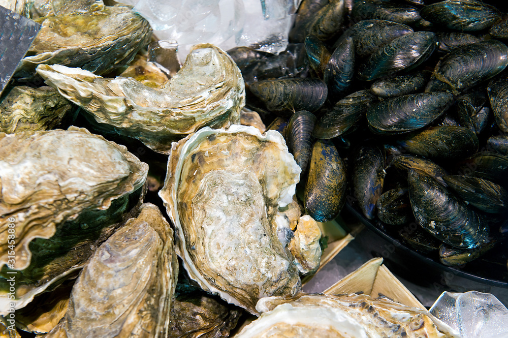 fresh oyster and mussels on ice