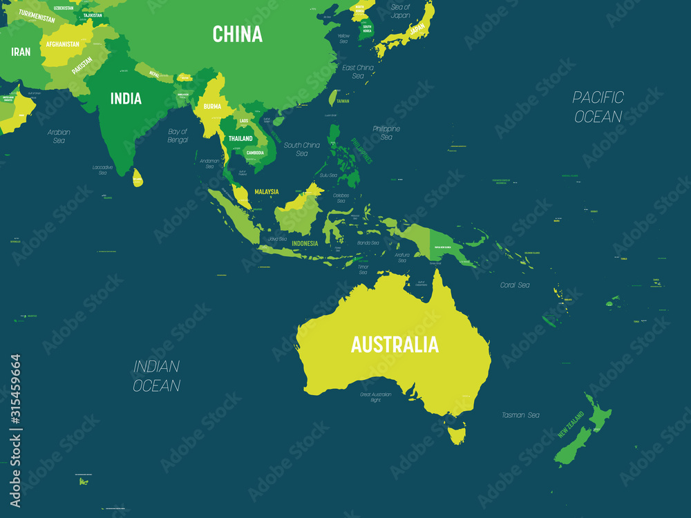 Australia and Southeast Asia map - green hue colored on dark background. High detailed political map of australian and southeastern Asia region with country, capital, ocean and sea names labeling