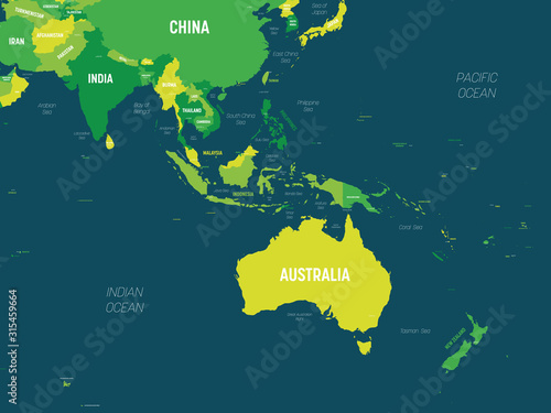 Australia And India Map Australia And Southeast Asia Map - Green Hue Colored On Dark Background.  High Detailed Political Map Of Australian And Southeastern Asia Region With  Country, Capital, Ocean And Sea Names Labeling Stock Vector |