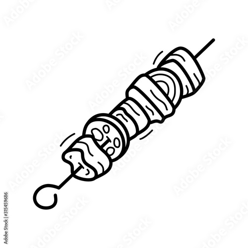 Hand drawn doodle Shish kebab on skewers icon Vector illustration for backgrounds, textile prints, menu, web and graphic design