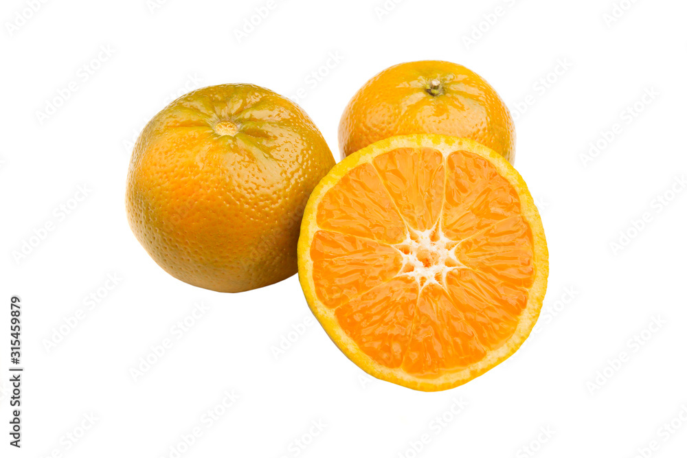 half of ripe orange and tangerine, isolated on white half of ripe orange and tangerine, isolated on white