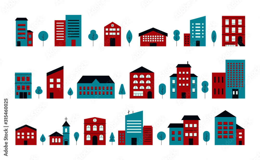 City buildings. Minimal house facade front view, townhouse apartment exterior. Vector cartoon set