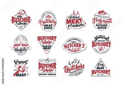 Butchery, Meat shop, fresh meat, emblems, stamps. Set of retro handmade badges, labels and logo elements, symbols, phrases, slogans