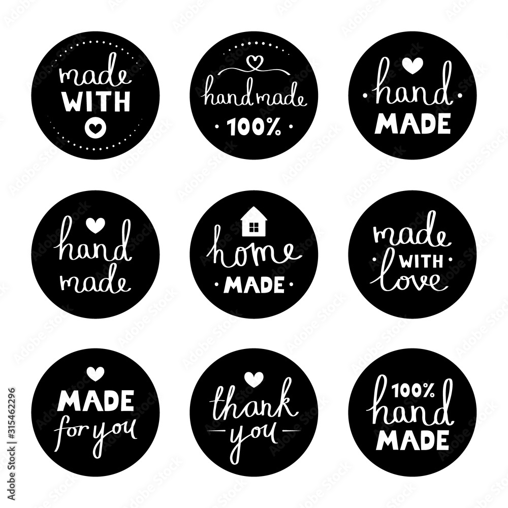 Handmade fashion and crafts badges with different inscriptions. Set hand drawn label. Vector illustration