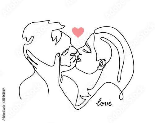 Kissing couple, romantic vector sketch, text love.  One continuous line drawing,  illustration of kiss , background. 