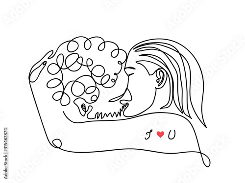 Kiss vector  illustration. Love concept. Simple one continuous line drawing design of kissing people.