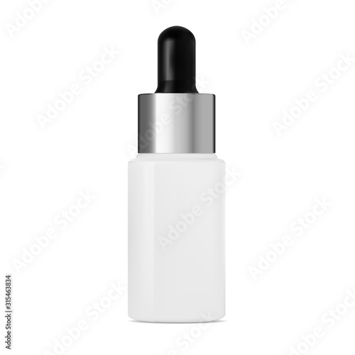 Serum dropper bottle mockup. Cosmetic collagen packaging with silver drop pipette. Essential oil eyedropper vial realistic 3d template. Medical aging liquid flask mock up for skin care
