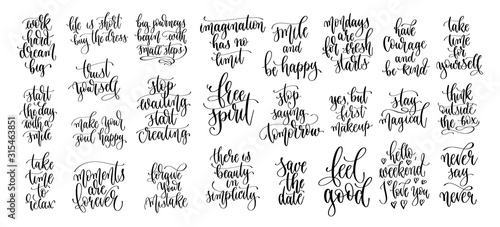 set of 25 positive quotes design, motivation and inspiration hand lettering calligraphy text