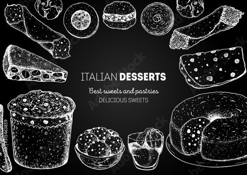 Italian dessert vector illustration. Italian sweet hand drawn sketch. Baking collection. Vintage design template. Cannoli, panforte, panettone, struffoli, ciambellone, amaretti, bombolone, affogato.