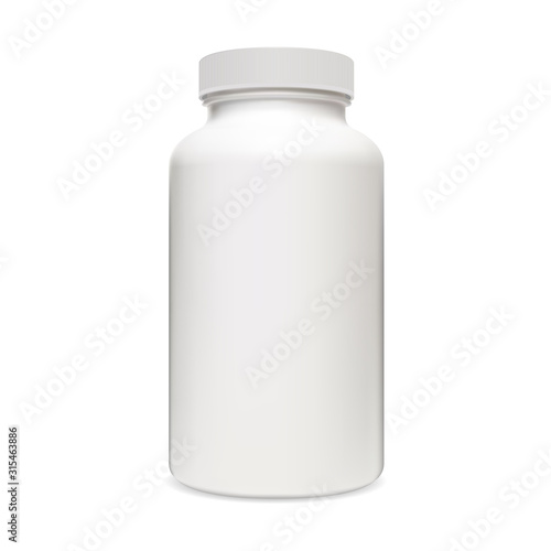 Pill Bottle. Supplement drug 3d plastic package. Container for prescription antibiotic or headache capsule. Realistic vitamin tablet packaging mockup template design without box